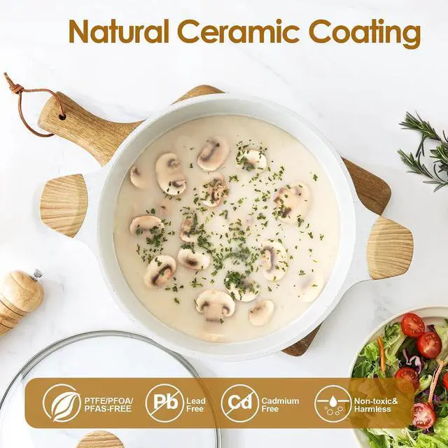 Alt view image 2 of 7 - Ceramic Nonstick Stock Pot with Lid, 7 Qt Induction Cooking Pot with Tempered Glass Lid, Stew Pot for Soup and Oatmeal, Pasta Casserole, Free of PFAS & PTFE, White