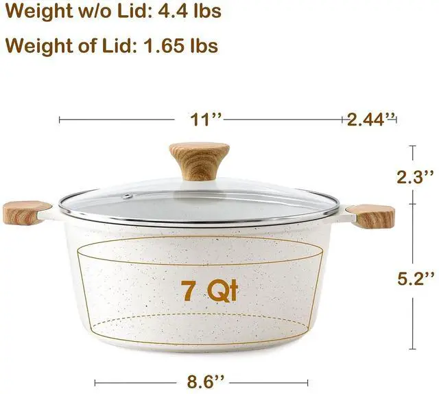 Alt view image 3 of 7 - Ceramic Nonstick Stock Pot with Lid, 7 Qt Induction Cooking Pot with Tempered Glass Lid, Stew Pot for Soup and Oatmeal, Pasta Casserole, Free of PFAS & PTFE, White