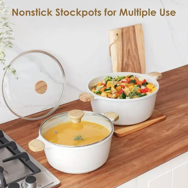 Alt view image 4 of 7 - Ceramic Nonstick Stock Pot with Lid, 7 Qt Induction Cooking Pot with Tempered Glass Lid, Stew Pot for Soup and Oatmeal, Pasta Casserole, Free of PFAS & PTFE, White
