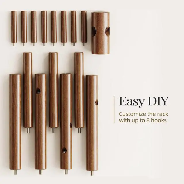 Alt view image 6 of 7 - Pipishell Solid Wooden Coat Rack Freestanding, Hall Tree with 8 Hooks, 3 Height Options for Coats, Hats, Handbags, and Scarves, Tool-Free Assembly, Space Saving Design for Entryway, Office, Bedroom