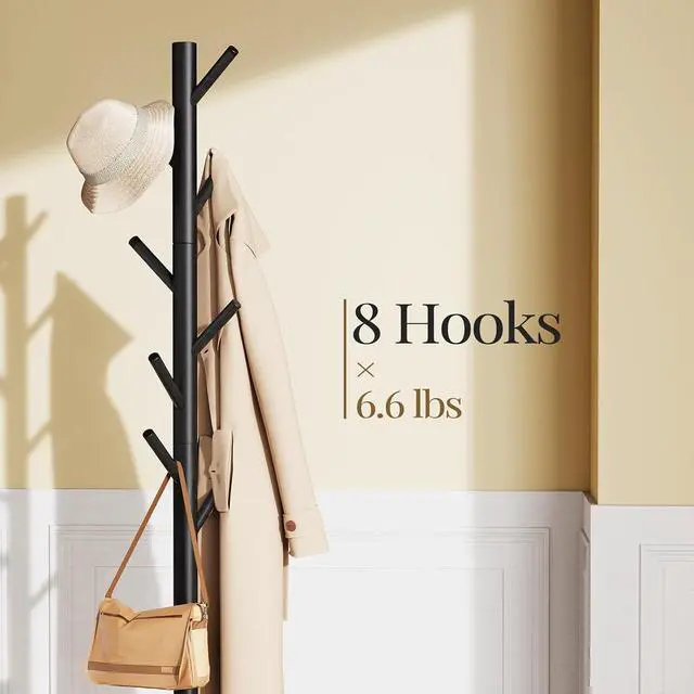 Alt view image 2 of 7 - Pipishell Solid Wooden Coat Rack Freestanding, Hall Tree with 8 Hooks, 3 Height Options for Coats, Hats, Handbags, and Scarves, Tool-Free Assembly, Space Saving Design for Entryway, Office, Bedroom