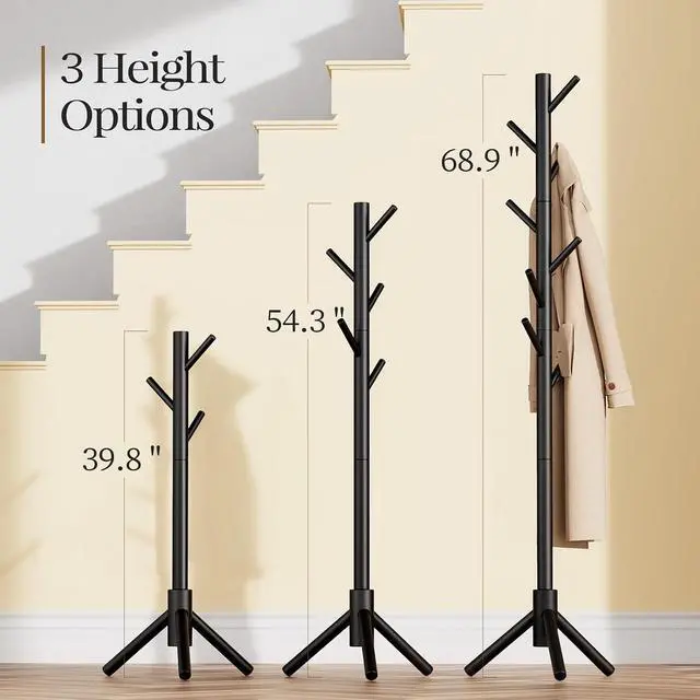 Alt view image 3 of 7 - Pipishell Solid Wooden Coat Rack Freestanding, Hall Tree with 8 Hooks, 3 Height Options for Coats, Hats, Handbags, and Scarves, Tool-Free Assembly, Space Saving Design for Entryway, Office, Bedroom