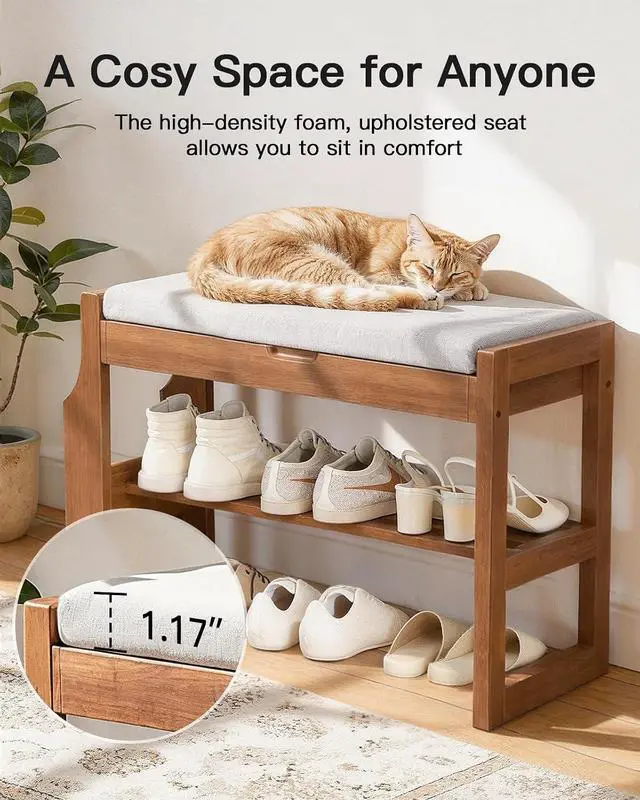 Alt view image 6 of 7 - Pipishell 26 Solid Pine Wood Shoe Rack Bench with Soft Cushion, 2 Tiers Shoe Storage Organizer with Lift-Top Storage and Side Holder, Holds up to 440 lbs, Shoe Bench for Entryway, Hallway, Bedroom