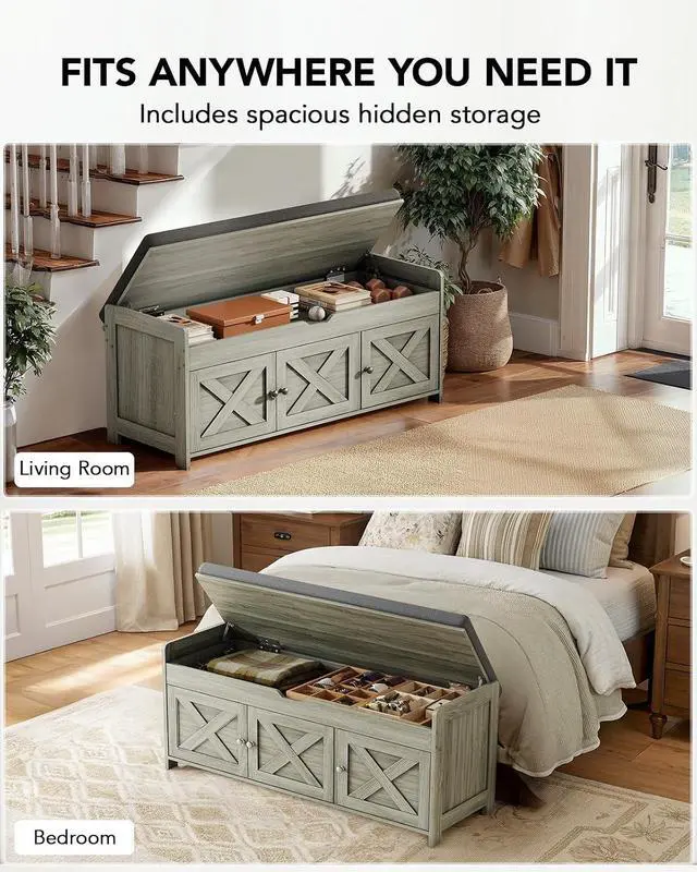 Alt view image 6 of 7 - Amada Shoe Bench, 39.4 Entryway Bench with Cushioned Seat & Lift Top Storage, Adjustable Shelf, 300 lbs Capacity, 2-Tier Storage Bench with Shoe Rack for Entryway, Bedroom, Gray