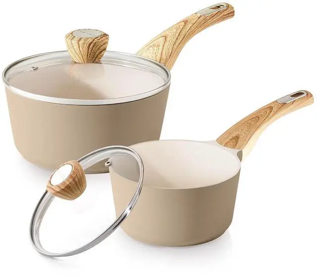 Main image of 1.5 & 2.5 Quart Ceramic Sauce Pan Sets with Lid, Cooking Pots Set, Nonstick Saucepan Set with Pour Spout, Small Kitchen Pot, Non toxic Saucepot, Induction Comptable, PFOA PTFE PFAS Free