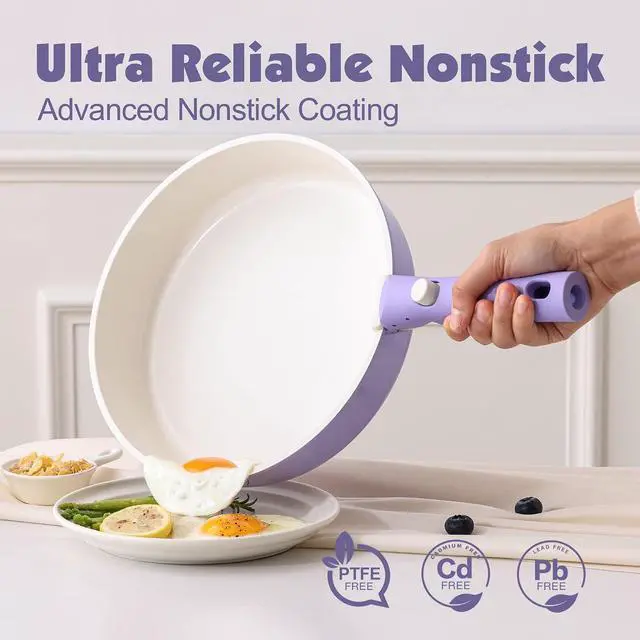 Alt view image 4 of 7 - 17 Piece Ceramic Pots and Pans Set, Nonstick Detachable Handle Cookware, Induction Kitchen Cookware Set with Removable Handle, Dishwasher Oven Safe (Purple)