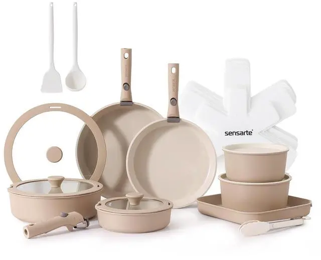 Main image of 24 Piece Ceramic Pots and Pans Set, Nonstick Detachable Handle Cookware, Induction Cookware Set with Removable Handle, Healthy Non Stick for RV, DishwasherOven Safe, PFOA Free (Almond Beige)
