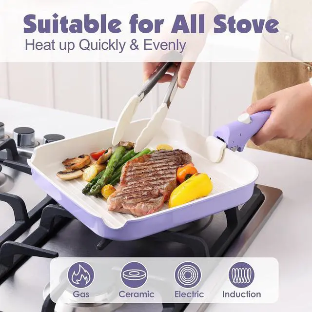 Alt view image 6 of 7 - 17 Piece Ceramic Pots and Pans Set, Nonstick Detachable Handle Cookware, Induction Kitchen Cookware Set with Removable Handle, Dishwasher Oven Safe (Purple)