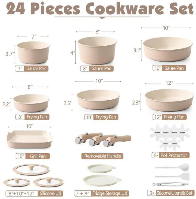 Alt view image 2 of 7 - 24 Piece Ceramic Pots and Pans Set, Nonstick Detachable Handle Cookware, Induction Cookware Set with Removable Handle, Healthy Non Stick for RV, DishwasherOven Safe, PFOA Free (Almond Beige)