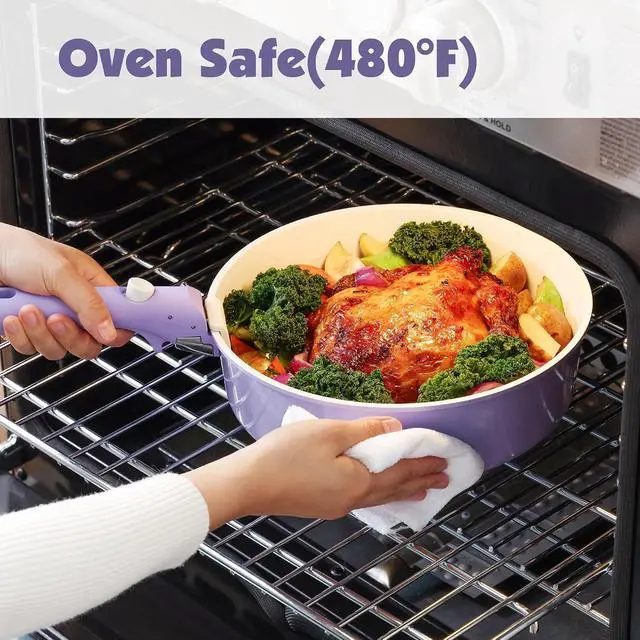 Alt view image 7 of 7 - 17 Piece Ceramic Pots and Pans Set, Nonstick Detachable Handle Cookware, Induction Kitchen Cookware Set with Removable Handle, Dishwasher Oven Safe (Purple)