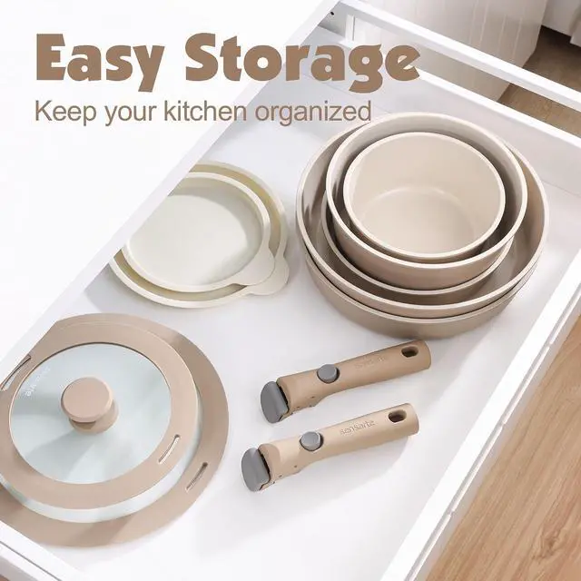 Alt view image 3 of 7 - 24 Piece Ceramic Pots and Pans Set, Nonstick Detachable Handle Cookware, Induction Cookware Set with Removable Handle, Healthy Non Stick for RV, DishwasherOven Safe, PFOA Free (Almond Beige)