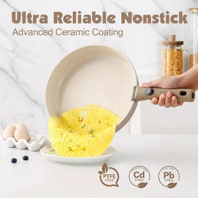 Alt view image 4 of 7 - 24 Piece Ceramic Pots and Pans Set, Nonstick Detachable Handle Cookware, Induction Cookware Set with Removable Handle, Healthy Non Stick for RV, DishwasherOven Safe, PFOA Free (Almond Beige)