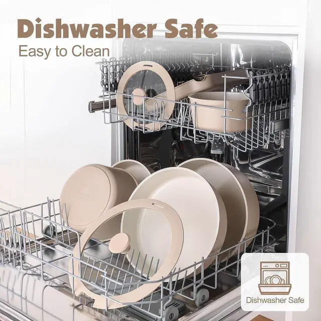 Alt view image 5 of 7 - 24 Piece Ceramic Pots and Pans Set, Nonstick Detachable Handle Cookware, Induction Cookware Set with Removable Handle, Healthy Non Stick for RV, DishwasherOven Safe, PFOA Free (Almond Beige)