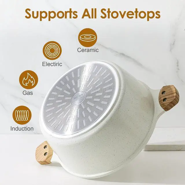 Alt view image 7 of 7 - Ceramic Nonstick Stock Pot with Lid, 7 Qt Induction Cooking Pot with Tempered Glass Lid, Stew Pot for Soup and Oatmeal, Pasta Casserole, Free of PFAS & PTFE, White