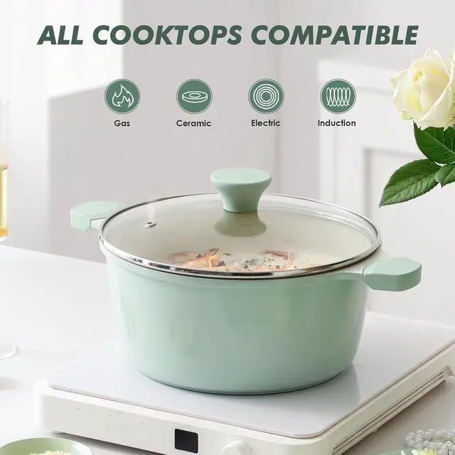 Alt view image 5 of 6 - Ceramic Nonstick Stock Pot with Lid, 4.5 Quart Induction Cooking Pot with Tempered Glass Lid, Stew Pot for Soup and Oatmeal, Pasta Casserole, PFOA PFAS PTFE Free, Green