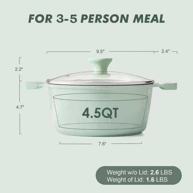 Alt view image 2 of 6 - Ceramic Nonstick Stock Pot with Lid, 4.5 Quart Induction Cooking Pot with Tempered Glass Lid, Stew Pot for Soup and Oatmeal, Pasta Casserole, PFOA PFAS PTFE Free, Green
