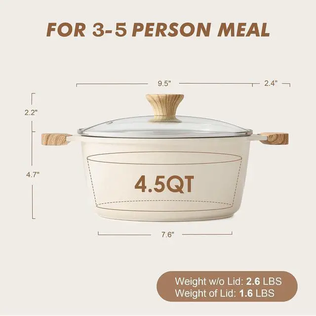 Alt view image 2 of 6 - Ceramic Nonstick Stock Pot with Lid, 4.5 Quart Induction Cooking Pot with Tempered Glass Lid, Stew Pot for Soup and Oatmeal, Pasta Casserole, PFOA PFAS PTFE Free, Creamy White