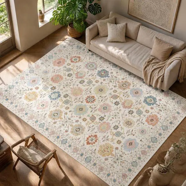 Alt view image 2 of 7 - AMADA HOMEFURNISHING 9x12 Area Rug for Living Room, Vintage Washable Area Rug Low-Pile & Non-Slip Carpet for Bedroom Dining Room Nursery Home Office, Beige/Multi