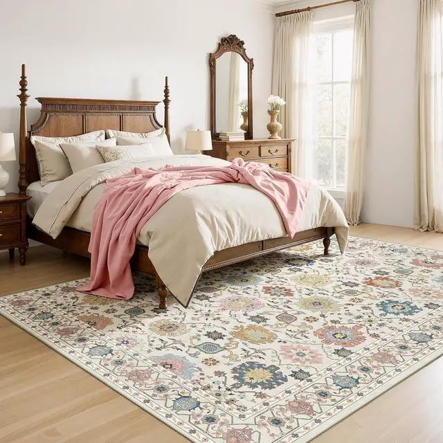Alt view image 3 of 7 - AMADA HOMEFURNISHING 9x12 Area Rug for Living Room, Vintage Washable Area Rug Low-Pile & Non-Slip Carpet for Bedroom Dining Room Nursery Home Office, Beige/Multi