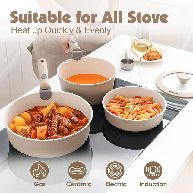 Alt view image 6 of 7 - 17 Piece Ceramic Pots and Pans Set, Nonstick Detachable Handle Cookware, Induction Kitchen Cookware Set with Removable Handle, Dishwasher Oven Safe (Almond Beige)