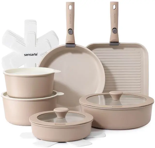 Main image of 17 Piece Ceramic Pots and Pans Set, Nonstick Detachable Handle Cookware, Induction Kitchen Cookware Set with Removable Handle, Dishwasher Oven Safe (Almond Beige)