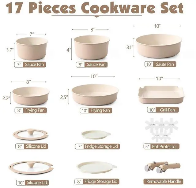 Alt view image 2 of 7 - 17 Piece Ceramic Pots and Pans Set, Nonstick Detachable Handle Cookware, Induction Kitchen Cookware Set with Removable Handle, Dishwasher Oven Safe (Almond Beige)