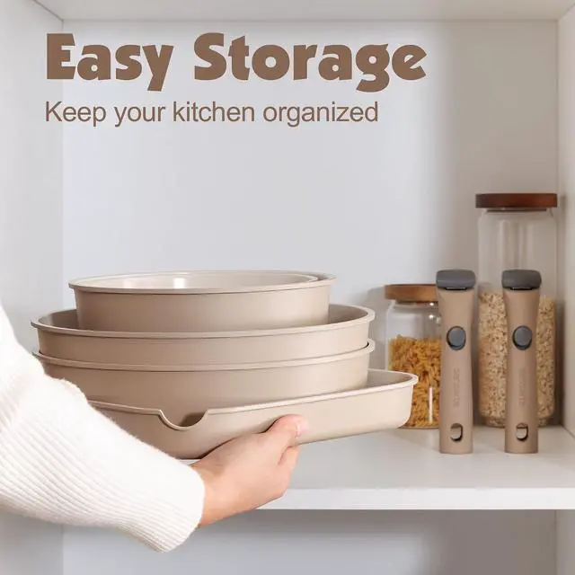 Alt view image 3 of 7 - 17 Piece Ceramic Pots and Pans Set, Nonstick Detachable Handle Cookware, Induction Kitchen Cookware Set with Removable Handle, Dishwasher Oven Safe (Almond Beige)