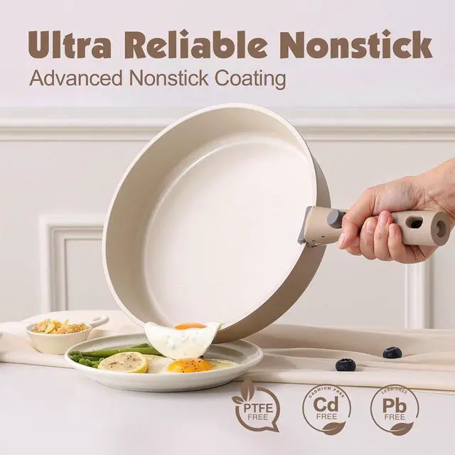 Alt view image 4 of 7 - 17 Piece Ceramic Pots and Pans Set, Nonstick Detachable Handle Cookware, Induction Kitchen Cookware Set with Removable Handle, Dishwasher Oven Safe (Almond Beige)