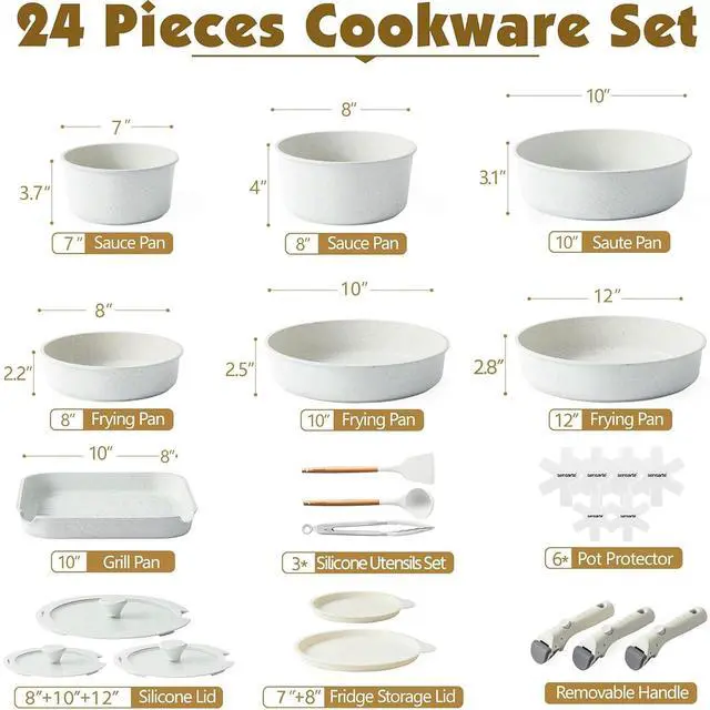 Alt view image 2 of 7 - 24 Piece Pots and Pans Set, Nonstick Detachable Handle Cookware, Induction Kitchen Cookware Set with Removable Handle, Healthy Non Stick for RV, Dishwasher Oven Safe (White)