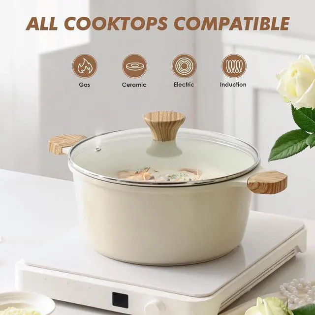Alt view image 5 of 6 - Ceramic Nonstick Stock Pot with Lid, 7 Quart Induction Cooking Pot with Tempered Glass Lid, Stew Pot for Soup and Oatmeal, Pasta Casserole, PFOA PFAS PTFE Free, Creamy White