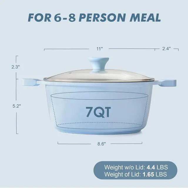 Alt view image 2 of 6 - Ceramic Nonstick Stock Pot with Lid, 7 Quart Induction Cooking Pot with Tempered Glass Lid, Stew Pot for Soup and Oatmeal, Pasta Casserole, PFOA PFAS PTFE Free, Blue