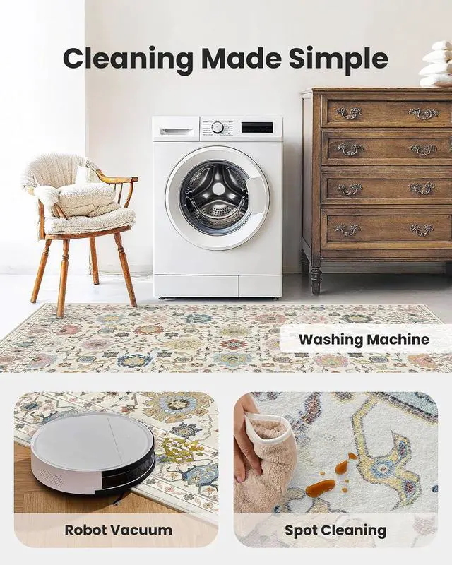 Alt view image 5 of 7 - AMADA HOMEFURNISHING 9x12 Area Rug for Living Room, Vintage Washable Area Rug Low-Pile & Non-Slip Carpet for Bedroom Dining Room Nursery Home Office, Beige/Multi