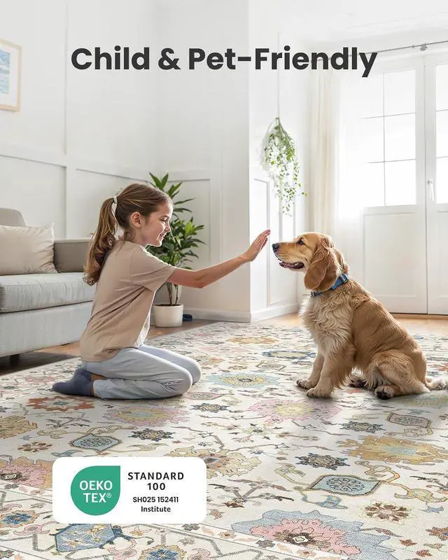 Alt view image 7 of 7 - AMADA HOMEFURNISHING 9x12 Area Rug for Living Room, Vintage Washable Area Rug Low-Pile & Non-Slip Carpet for Bedroom Dining Room Nursery Home Office, Beige/Multi