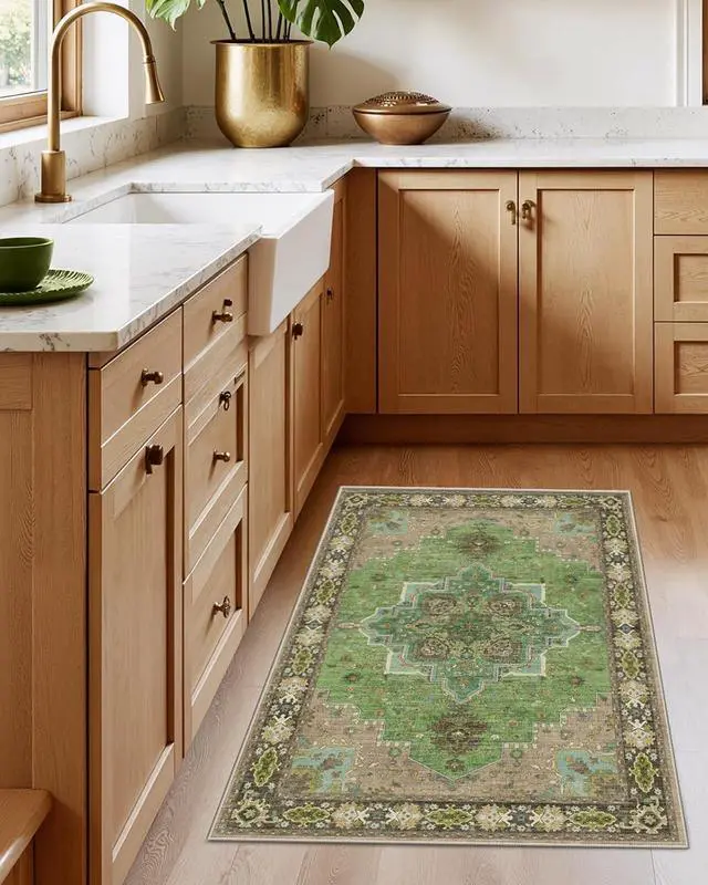 Alt view image 2 of 7 - AMADA HOMEFURNISHING 2x3 Washable Entry Rug, Vintage Distress Print Pattern Carpet Small Rugs for Entryway Kitchen Bathroom Door Mat Indoor Entrance, Green