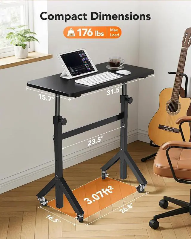 Alt view image 7 of 7 - ErGear Small Standing Desk Adjustable Height, 6 Height Settings Up to 46.5, Walking Pad Desk with Triangular Leg Design, Smooth Mobility with Lockable Wheels, Standing Desk for Walking Pad, Black