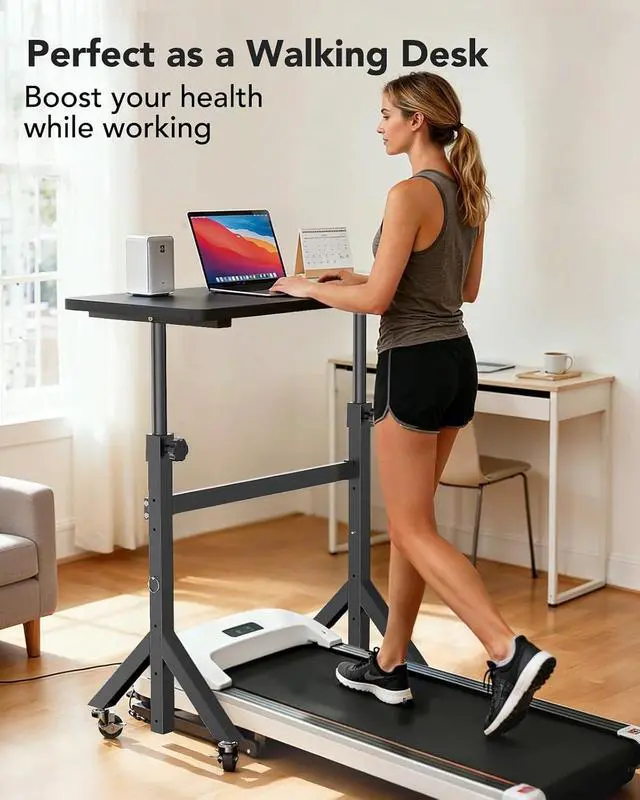 Alt view image 3 of 7 - ErGear Small Standing Desk Adjustable Height, 6 Height Settings Up to 46.5, Walking Pad Desk with Triangular Leg Design, Smooth Mobility with Lockable Wheels, Standing Desk for Walking Pad, Black