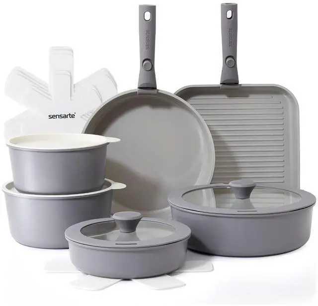 Main image of 17 Piece Ceramic Pots and Pans Set, Nonstick Detachable Handle Cookware, Induction Kitchen Cookware Set with Removable Handle, Dishwasher Oven Safe (Gray)