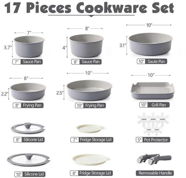Alt view image 2 of 7 - 17 Piece Ceramic Pots and Pans Set, Nonstick Detachable Handle Cookware, Induction Kitchen Cookware Set with Removable Handle, Dishwasher Oven Safe (Gray)