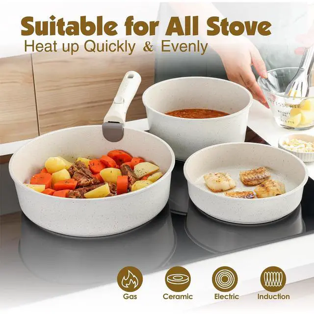 Alt view image 6 of 7 - 24 Piece Pots and Pans Set, Nonstick Detachable Handle Cookware, Induction Kitchen Cookware Set with Removable Handle, Healthy Non Stick for RV, Dishwasher Oven Safe (White)