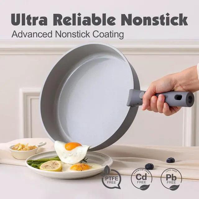 Alt view image 4 of 7 - 17 Piece Ceramic Pots and Pans Set, Nonstick Detachable Handle Cookware, Induction Kitchen Cookware Set with Removable Handle, Dishwasher Oven Safe (Gray)