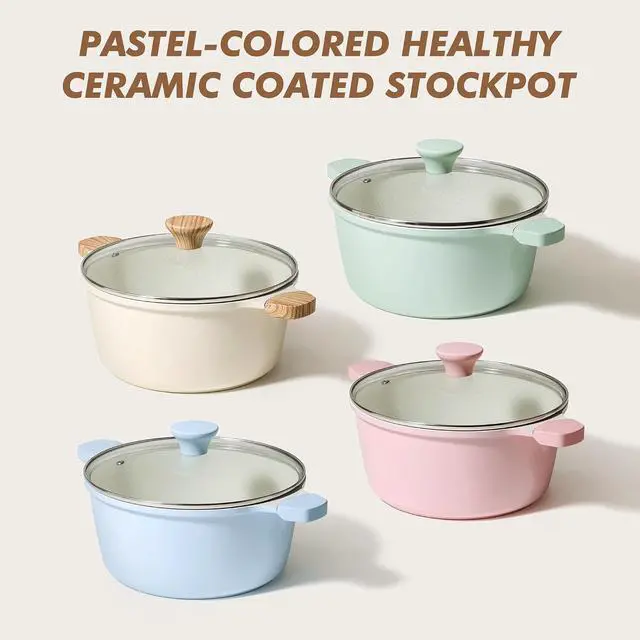 Alt view image 6 of 6 - Ceramic Nonstick Stock Pot with Lid, 4.5 Quart Induction Cooking Pot with Tempered Glass Lid, Stew Pot for Soup and Oatmeal, Pasta Casserole, PFOA PFAS PTFE Free, Green