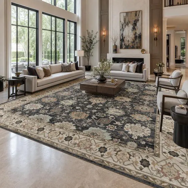 Alt view image 2 of 7 - AMADA HOMEFURNISHING 9x12 Area Rug for Living Room, Vintage Washable Area Rug Low-Pile & Non-Slip Carpet for Bedroom Dining Room Nursery Home Office, Black/Brown