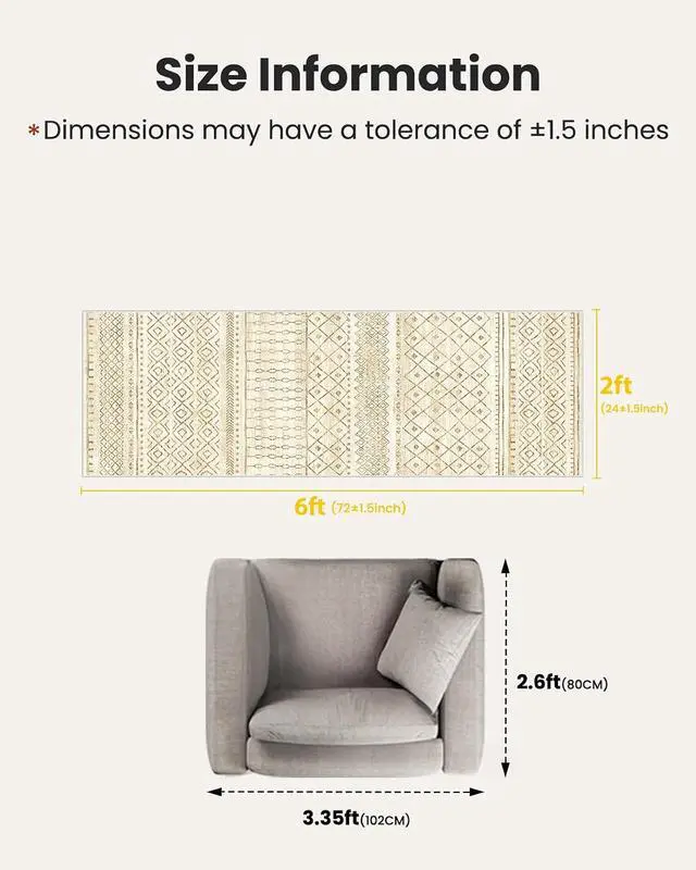 Alt view image 2 of 7 - AMADA HOMEFURNISHING 2x6 Washable Area Rugs, Beige Boho Geometric Low-Pile Rug with Non-Slip Backing, Stain Resistance & Durable Edge Binding, Soft Indoor Carpet for Living Room, Bedroom, Dining Room