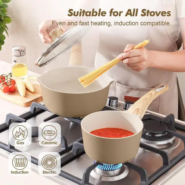 Alt view image 6 of 7 - 26 Pcs Ceramic Cookware Sets,w/Frying Pans Set, Saucepans Set, 1.5 Quart Ceramic Nonstick Sauce Pan with Lid,Induction Pot, PFOA PTFE PFAS PFOA Free