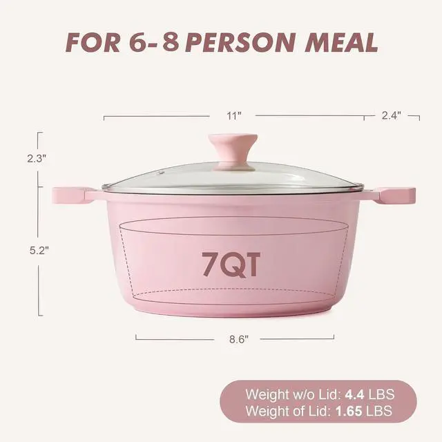 Alt view image 2 of 6 - Ceramic Nonstick Stock Pot with Lid, 7 Quart Induction Cooking Pot with Tempered Glass Lid, Stew Pot for Soup and Oatmeal, Pasta Casserole, PFOA PFAS PTFE Free, Pink