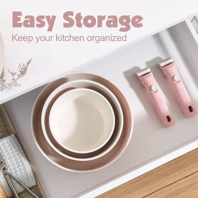 Alt view image 3 of 7 - 17 Piece Ceramic Pots and Pans Set, Nonstick Detachable Handle Cookware, Induction Kitchen Cookware Set with Removable Handle, Dishwasher Oven Safe (Pink)