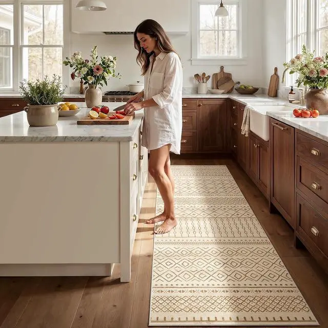Alt view image 3 of 7 - AMADA HOMEFURNISHING 2x6 Washable Area Rugs, Beige Boho Geometric Low-Pile Rug with Non-Slip Backing, Stain Resistance & Durable Edge Binding, Soft Indoor Carpet for Living Room, Bedroom, Dining Room