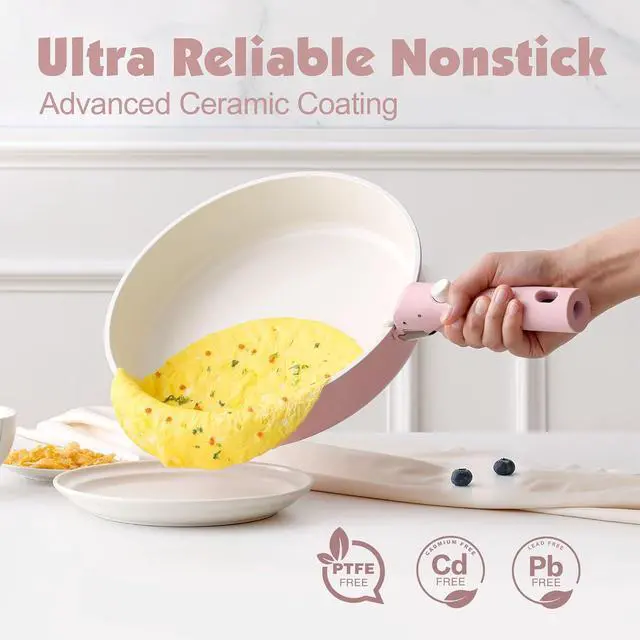 Alt view image 4 of 7 - 17 Piece Ceramic Pots and Pans Set, Nonstick Detachable Handle Cookware, Induction Kitchen Cookware Set with Removable Handle, Dishwasher Oven Safe (Pink)