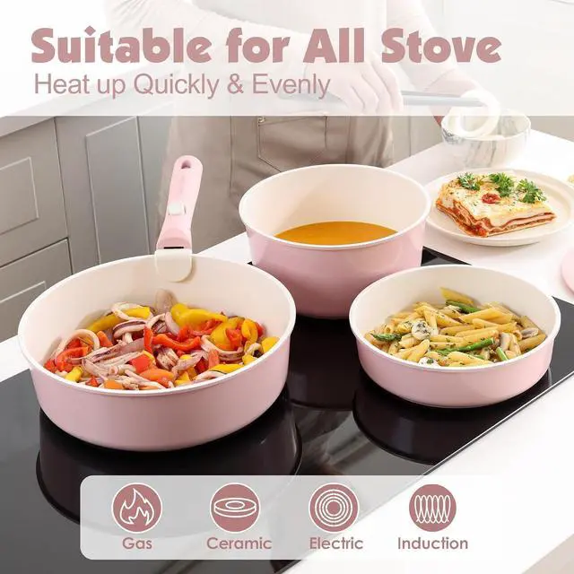 Alt view image 6 of 7 - 17 Piece Ceramic Pots and Pans Set, Nonstick Detachable Handle Cookware, Induction Kitchen Cookware Set with Removable Handle, Dishwasher Oven Safe (Pink)