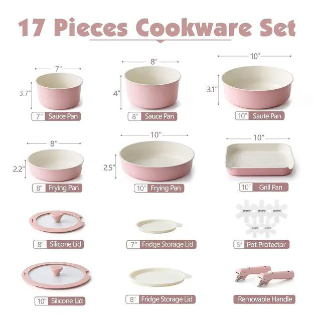 Alt view image 2 of 7 - 17 Piece Ceramic Pots and Pans Set, Nonstick Detachable Handle Cookware, Induction Kitchen Cookware Set with Removable Handle, Dishwasher Oven Safe (Pink)